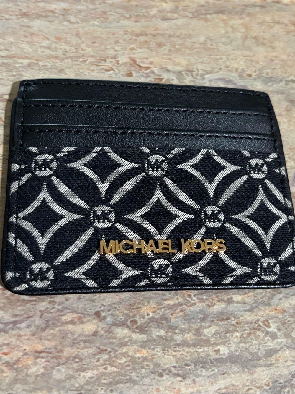 NWOT Michael Kors Black and White Patterned Geometric Card Holder with Gold Logo - Picture 8 of 11